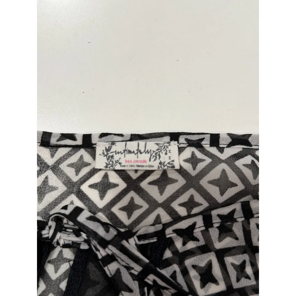 Free People Intimately Geometric Print Sheer Tie Neck Blouse Black White Small